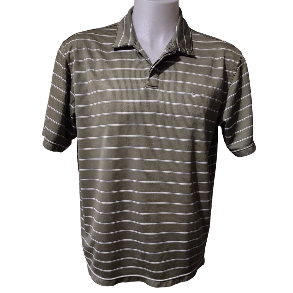 Nike Performance Polo Shirt Men's Large L Green Striped Collar Logo Short Sleeve